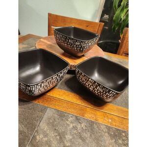 ELAMA Naina Stoneware 6" Cereal Bowls Set Of 3 Matte Blk Tan Geometric Tile